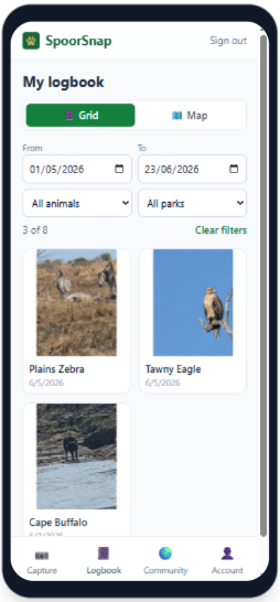 SpoorSnap app showing an identified sighting